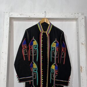 Amazigh Berber Black Kaftan Coat with Rainbow Embroidery