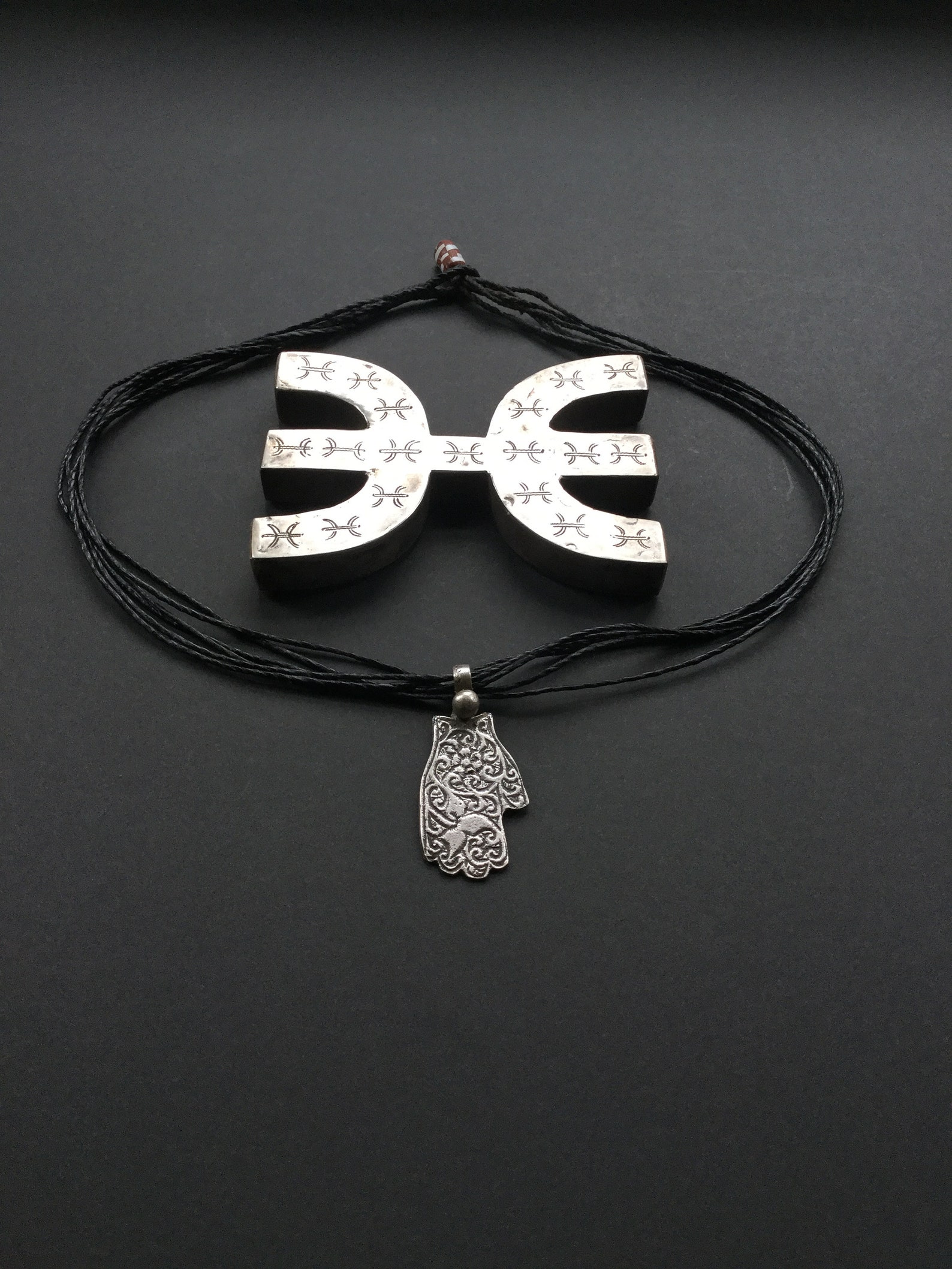Amazigh Berber Khamsa Hamsa Hand Amulet Necklace with Tuareg Cord