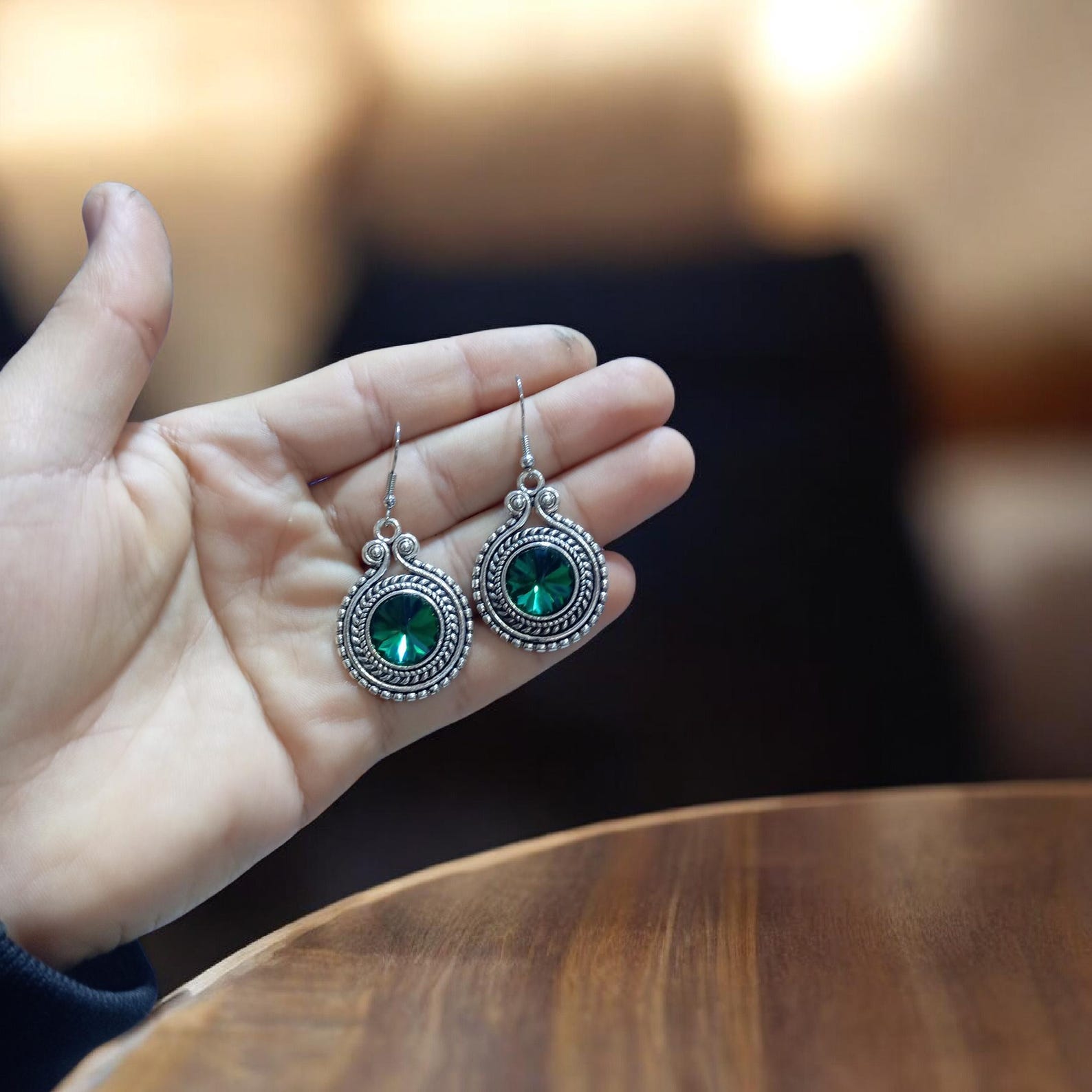 Amazigh Traditional Silver Plated Earrings with Green Stone