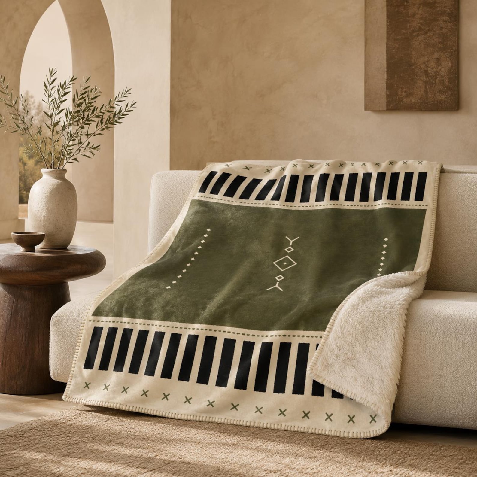 Amazigh Berber Sherpa Blanket Olive Green North African Modern Geometric Throw