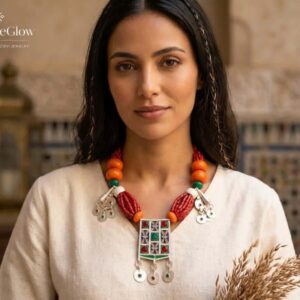 Amazigh Berber Colorful Necklace with Metal Pendant Jewelry