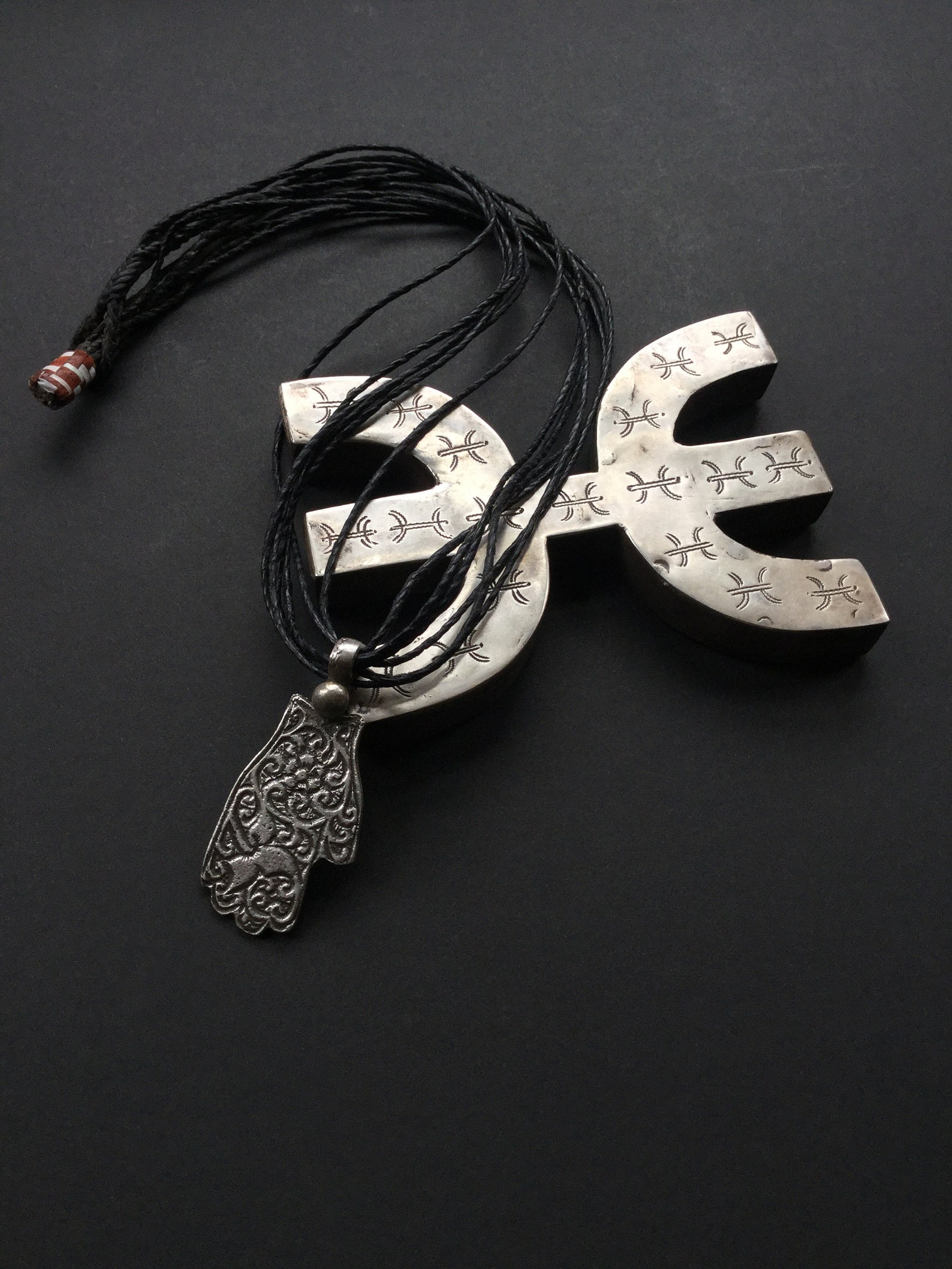 Amazigh Berber Khamsa Hamsa Hand Amulet Necklace with Tuareg Cord
