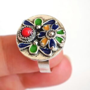 Amazigh Berber Kabyle Adjustable Silver Enamel Ring with Flower Motif
