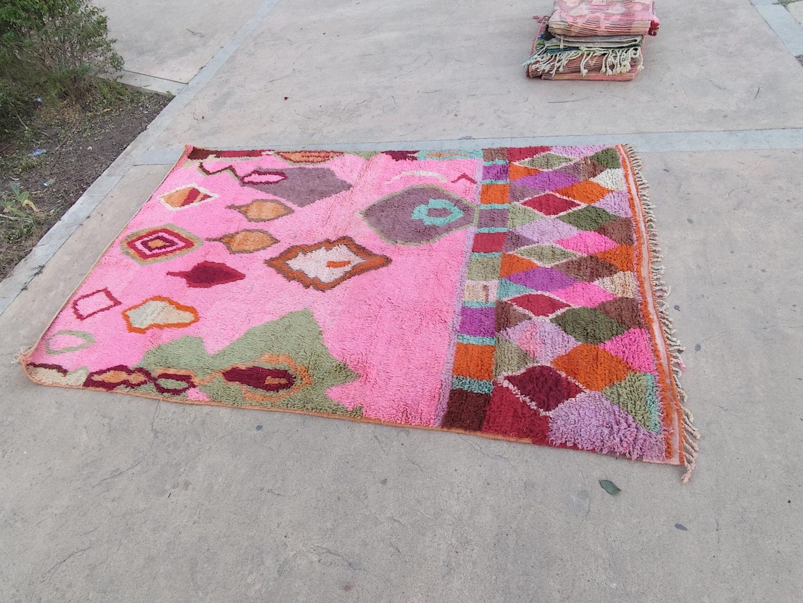 Colorful Berber Azilal Wool Rug with Geometric Handmade Design
