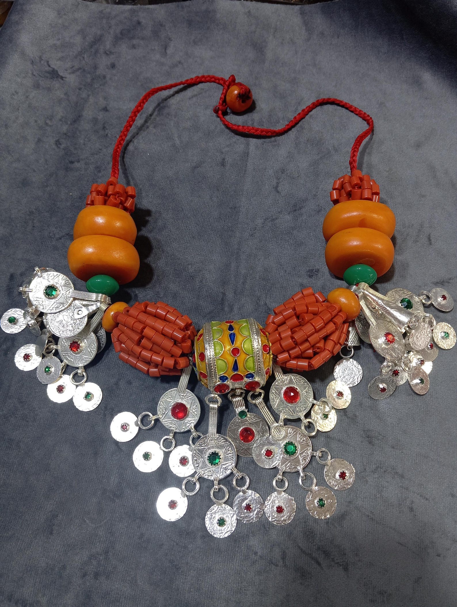 Amazigh Berber Amber Coral Tribal Silver Statement Necklace