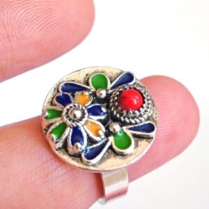 Amazigh Berber Kabyle Adjustable Silver Enamel Ring with Flower Motif