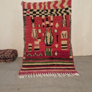 Fuchsia Pink Amazigh Berber Handmade Wool Boujad Rug with Mosaic Design
