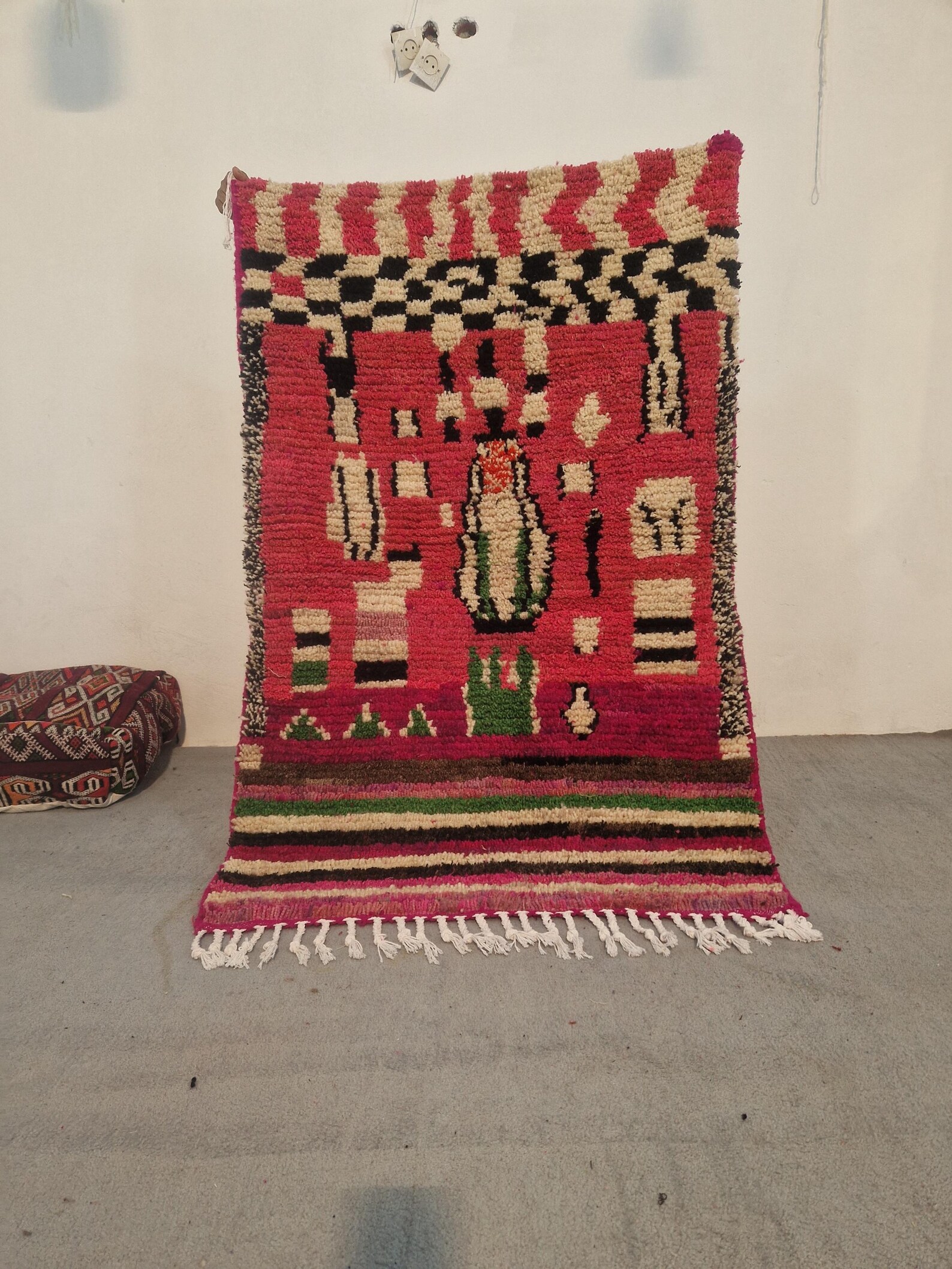 Fuchsia Pink Amazigh Berber Handmade Wool Boujad Rug with Mosaic Design