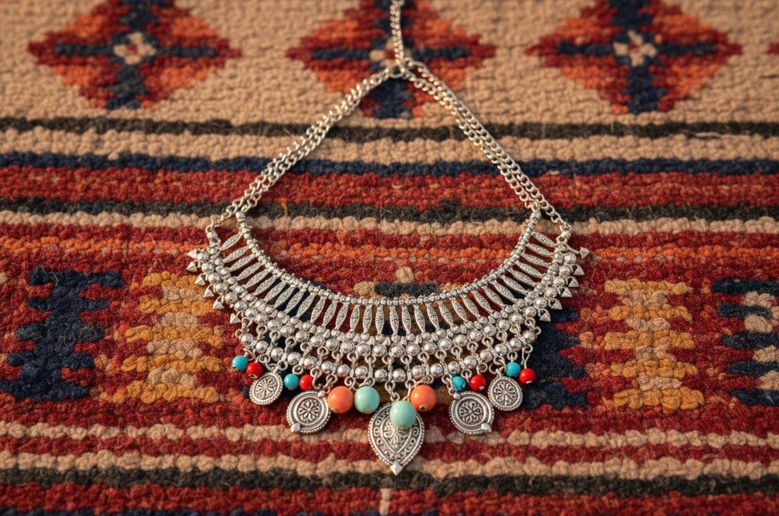 Amazigh Berber Beaded Red Blue Statement Necklace Wedding Jewelry