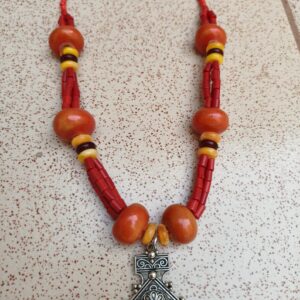 Berber Amazigh Souss Necklace with Synthetic Amber Beads and Plated Pendant