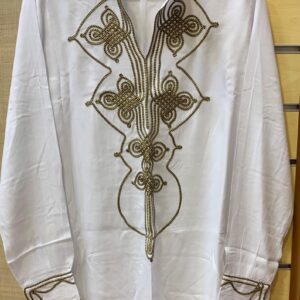 Amazigh Elegant Women’s Tunic with Gold Brown Embroidery White Cotton