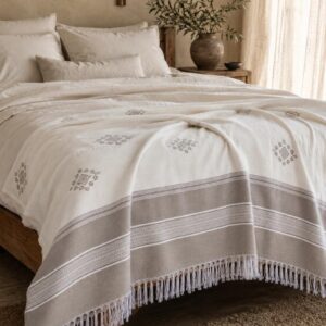 Amazigh Berber Cotton Blanket Taupe Throw with Fringe Bedspread