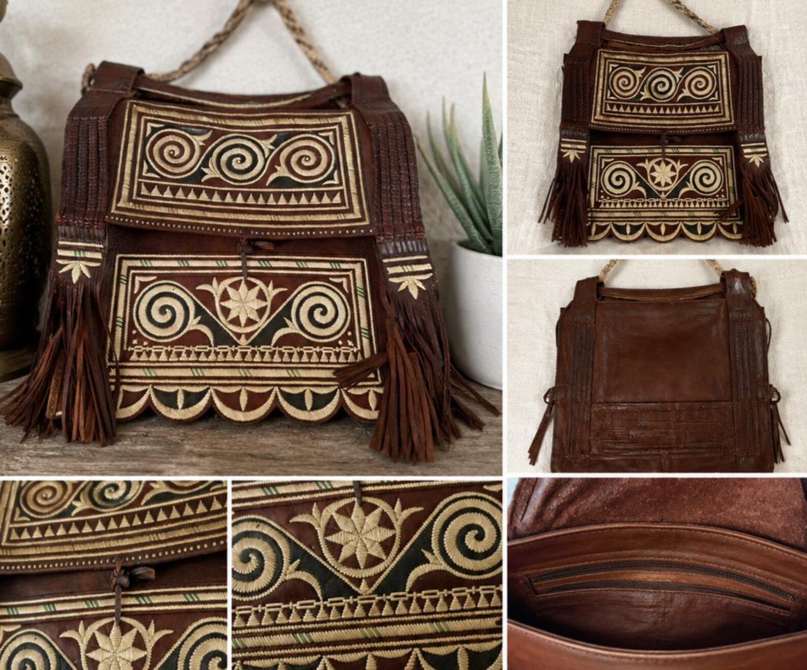 Amazigh Berber Protective and Spiritual Shoulder Bag with Vintage Leather Embroidery