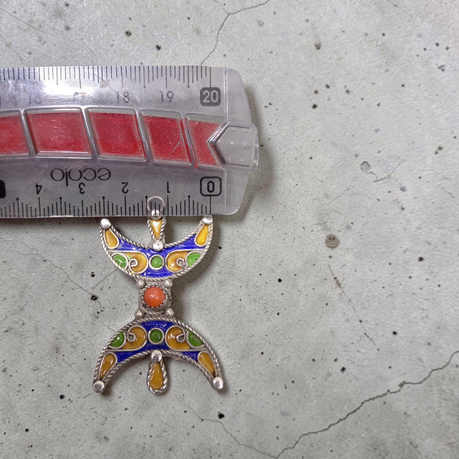 Handmade Tiznit Silver Amazigh Pendant Necklace with Berber Enamel Coral Design