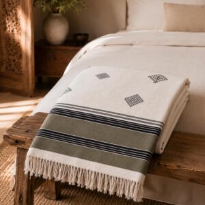 Amazigh Handwoven Cotton Blanket with Olive Border Bedspread Cover