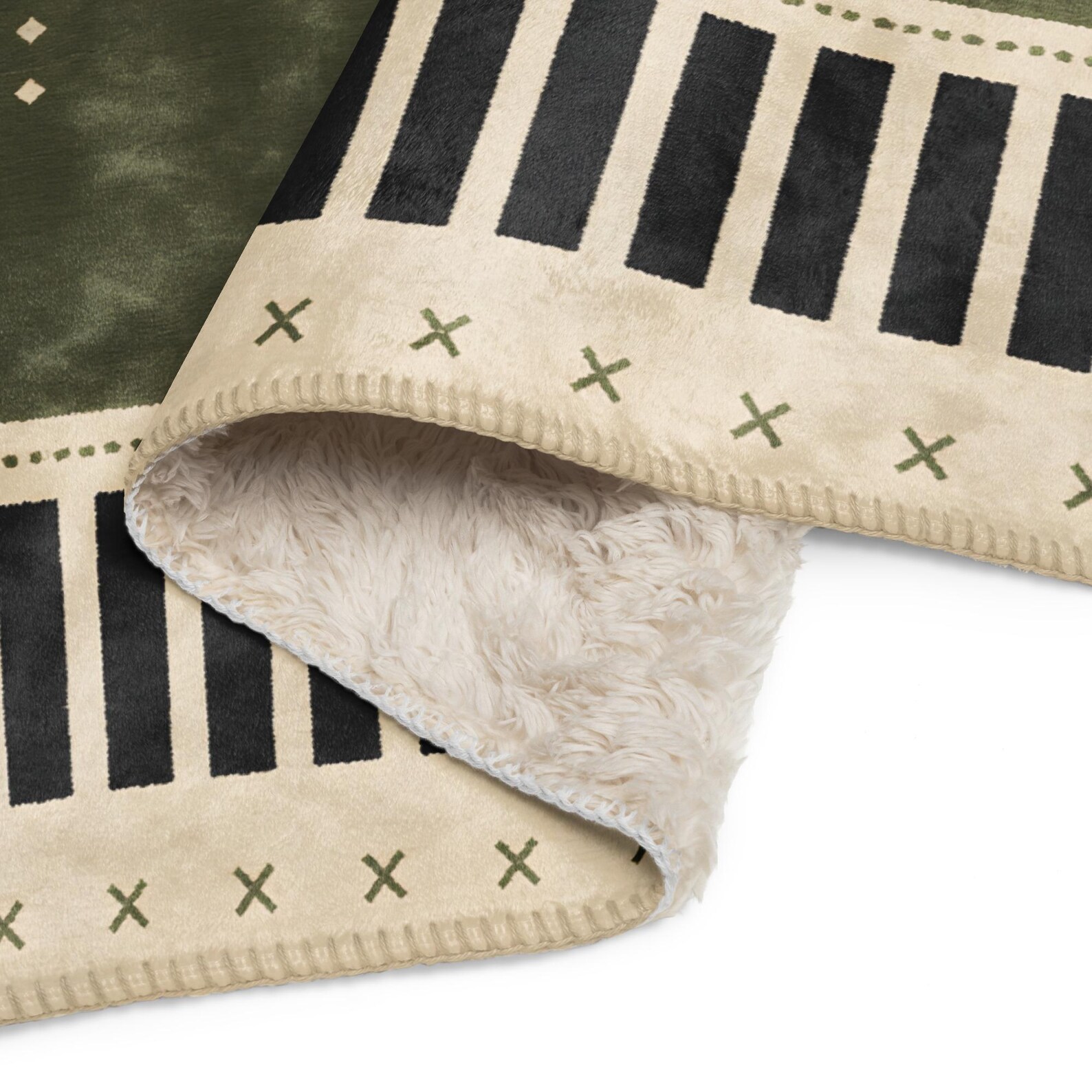Amazigh Berber Sherpa Blanket Olive Green North African Modern Geometric Throw