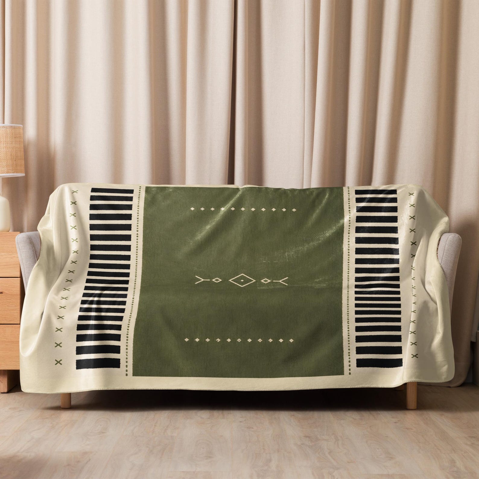 Amazigh Berber Sherpa Blanket Olive Green North African Modern Geometric Throw