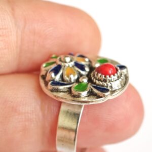 Amazigh Berber Kabyle Adjustable Silver Enamel Ring with Flower Motif