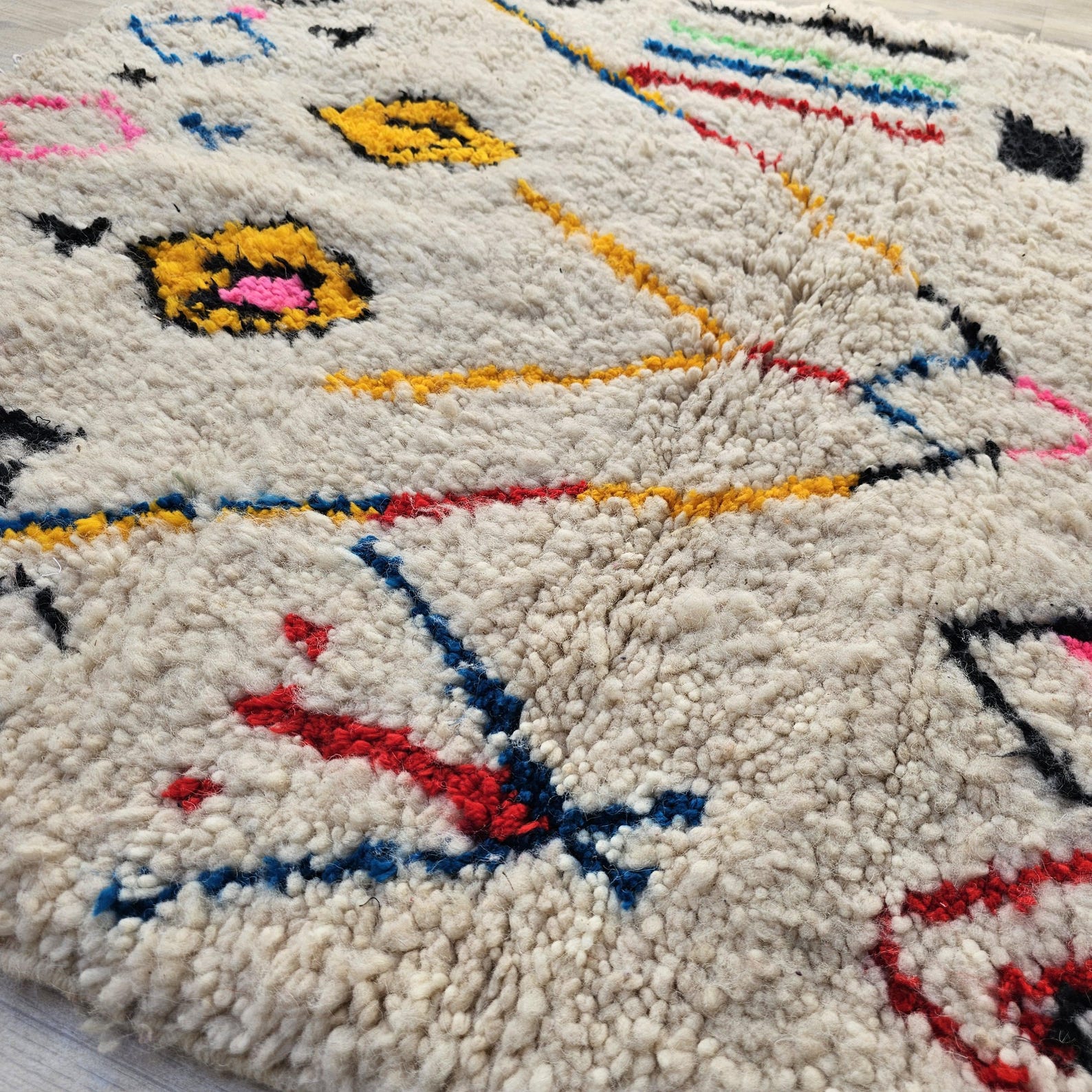 Colorful Berber Amazigh Azilal Beni Ourain Wool Rug Tribal Design