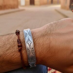 Berber Amazigh Engraved Silver-Toned Cuff Bracelet Minimal Unisex Style