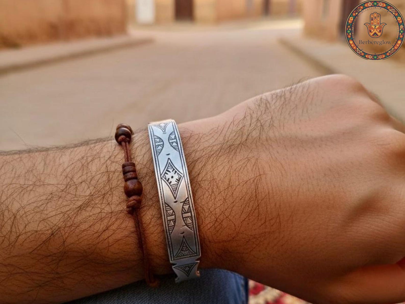 Berber Amazigh Engraved Silver-Toned Cuff Bracelet Minimal Unisex Style