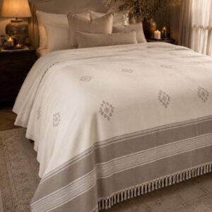 Amazigh Berber Cotton Blanket Taupe Throw with Fringe Bedspread