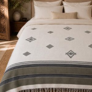 Amazigh Handwoven Cotton Blanket with Olive Border Bedspread Cover