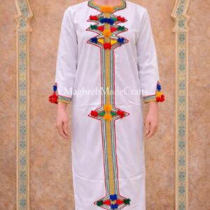 Amazigh Berber Embroidered Kaftan with Geometric Embroidery and Colorful Tassels
