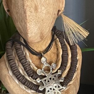 Amazigh Tuareg Silver Compass Cross Amulet rope Necklace
