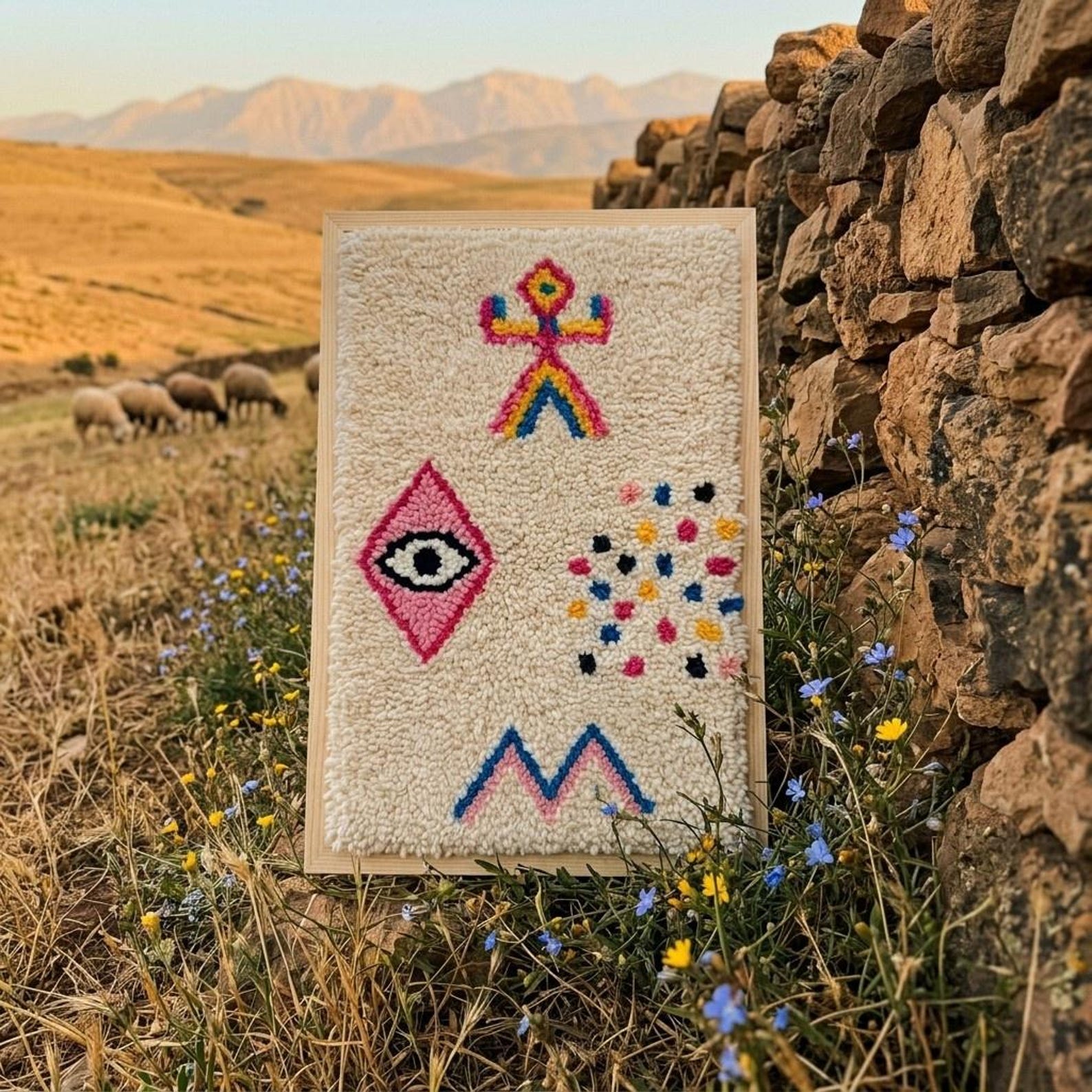 Berber Amazigh Knotted Wool Tapestry Protective Eye Symbol Wall Art