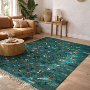 Amazigh Berber Colorful Teal Wool Rug with Tribal Symbols