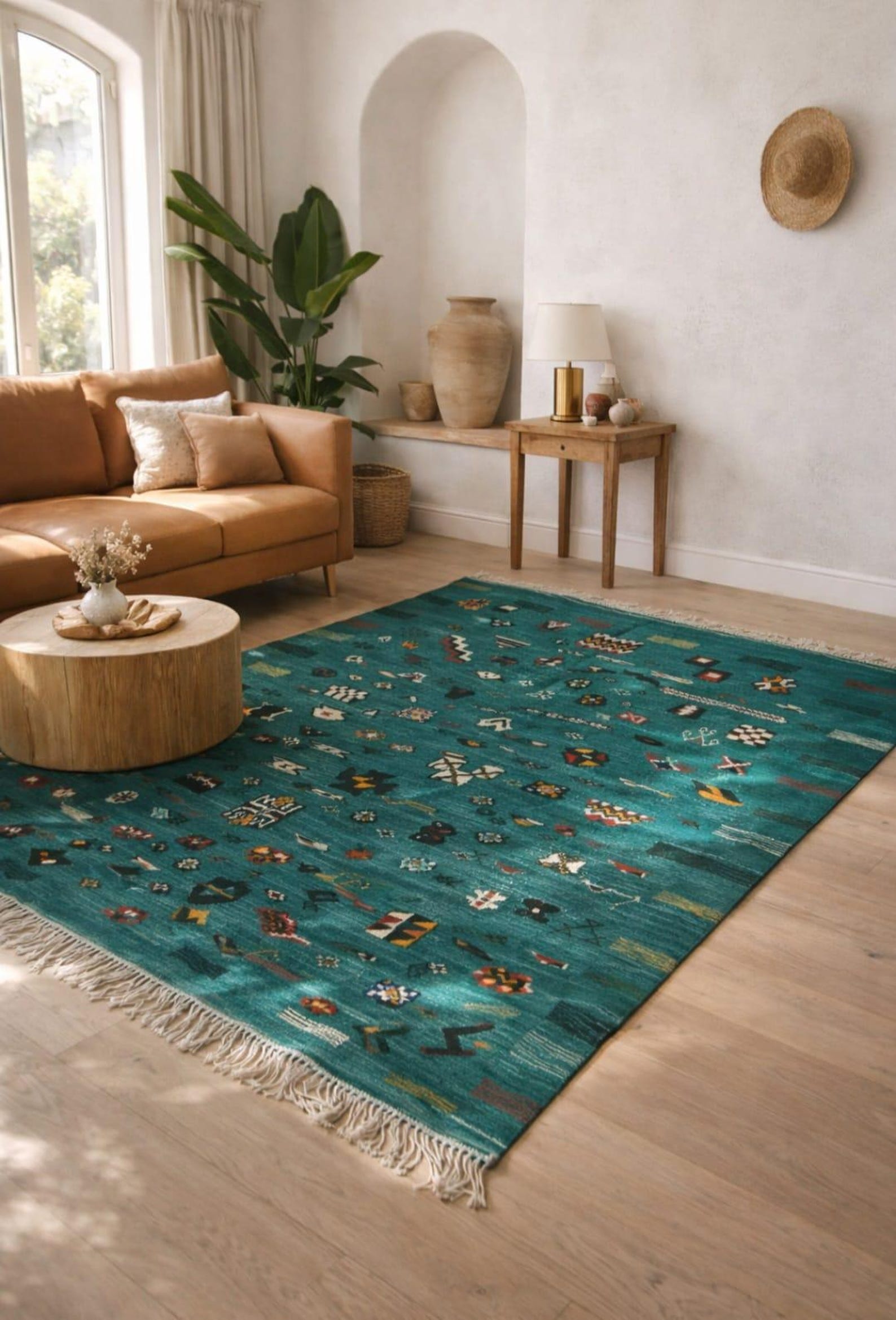 Amazigh Berber Colorful Teal Wool Rug with Tribal Symbols
