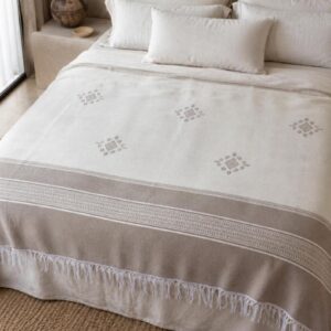 Amazigh Berber Cotton Blanket Taupe Throw with Fringe Bedspread