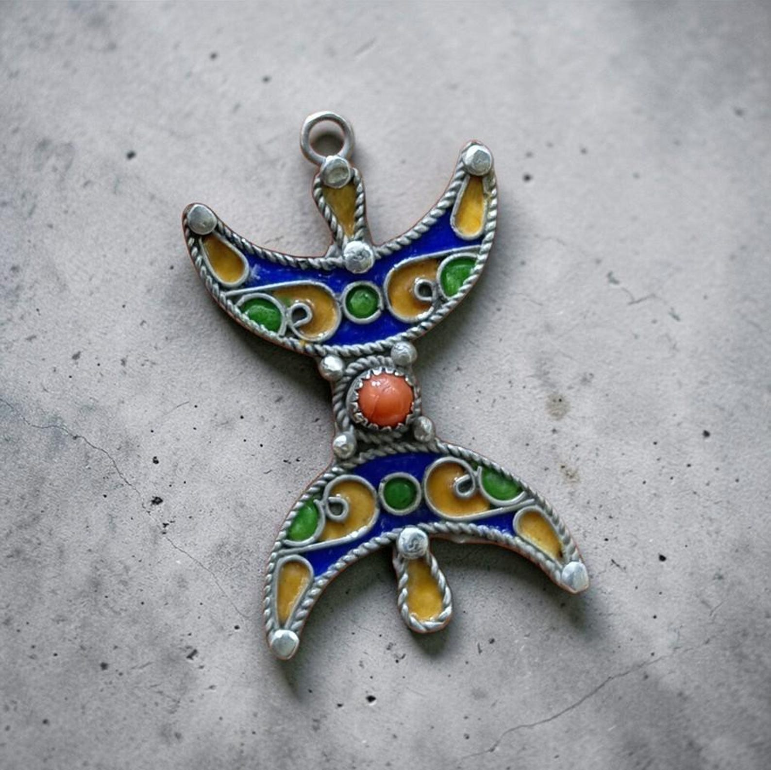 Handmade Tiznit Silver Amazigh Pendant Necklace with Berber Enamel Coral Design