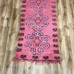 Amazigh Berber Pink Spiral Vintage Hand Knotted Wool Runner Rug