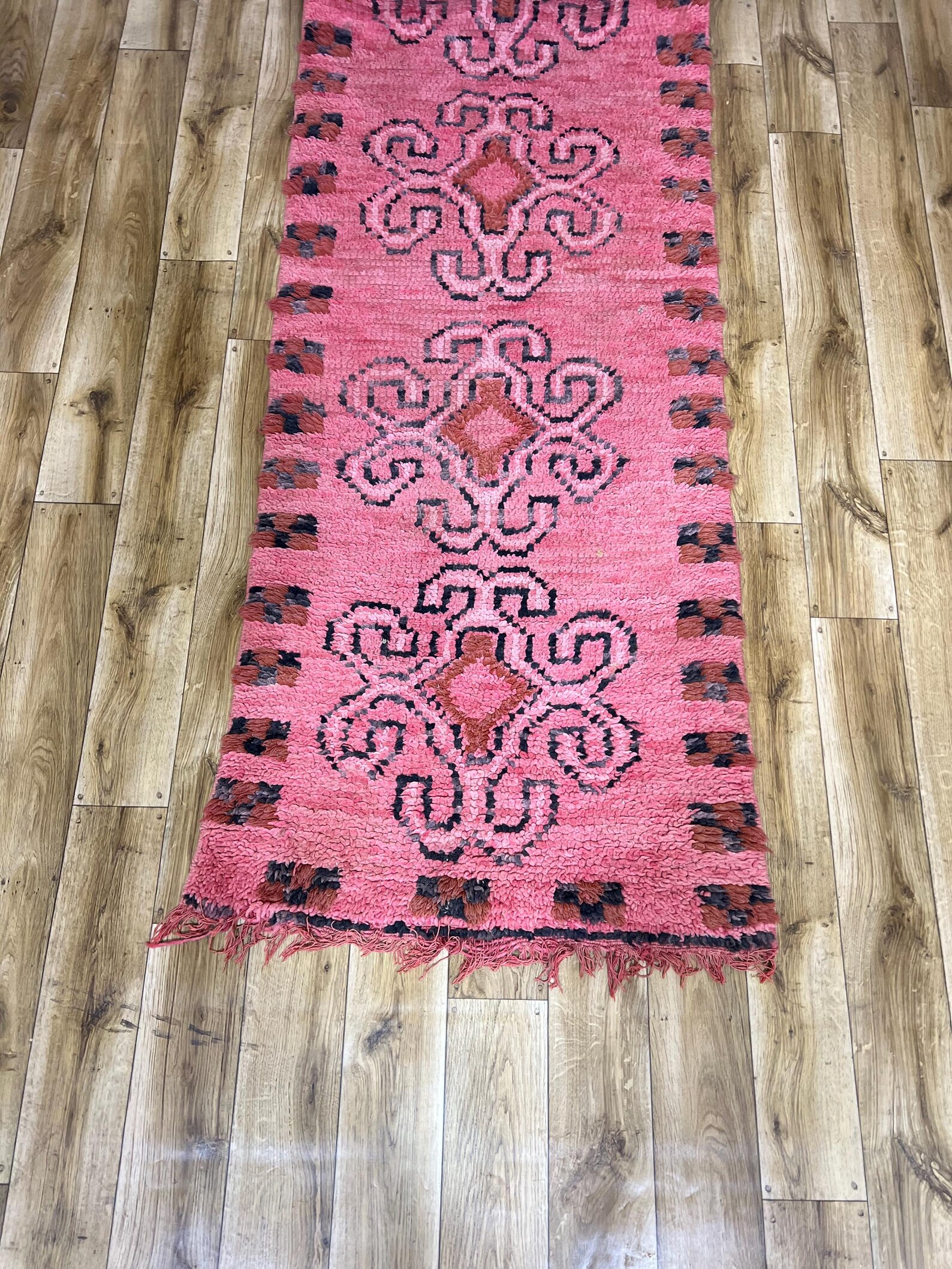 Amazigh Berber Pink Spiral Vintage Hand Knotted Wool Runner Rug
