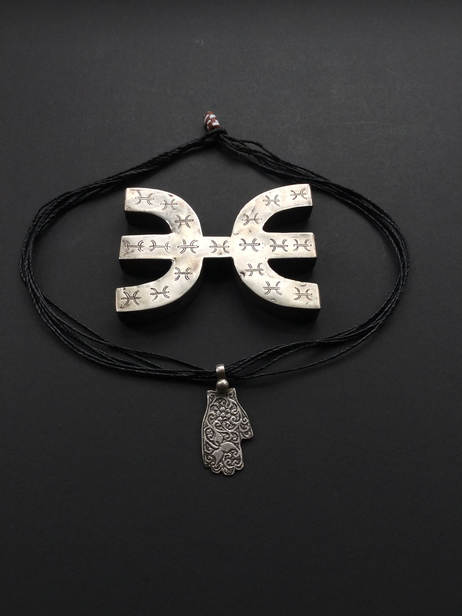Amazigh Berber Khamsa Hamsa Hand Amulet Necklace with Tuareg Cord