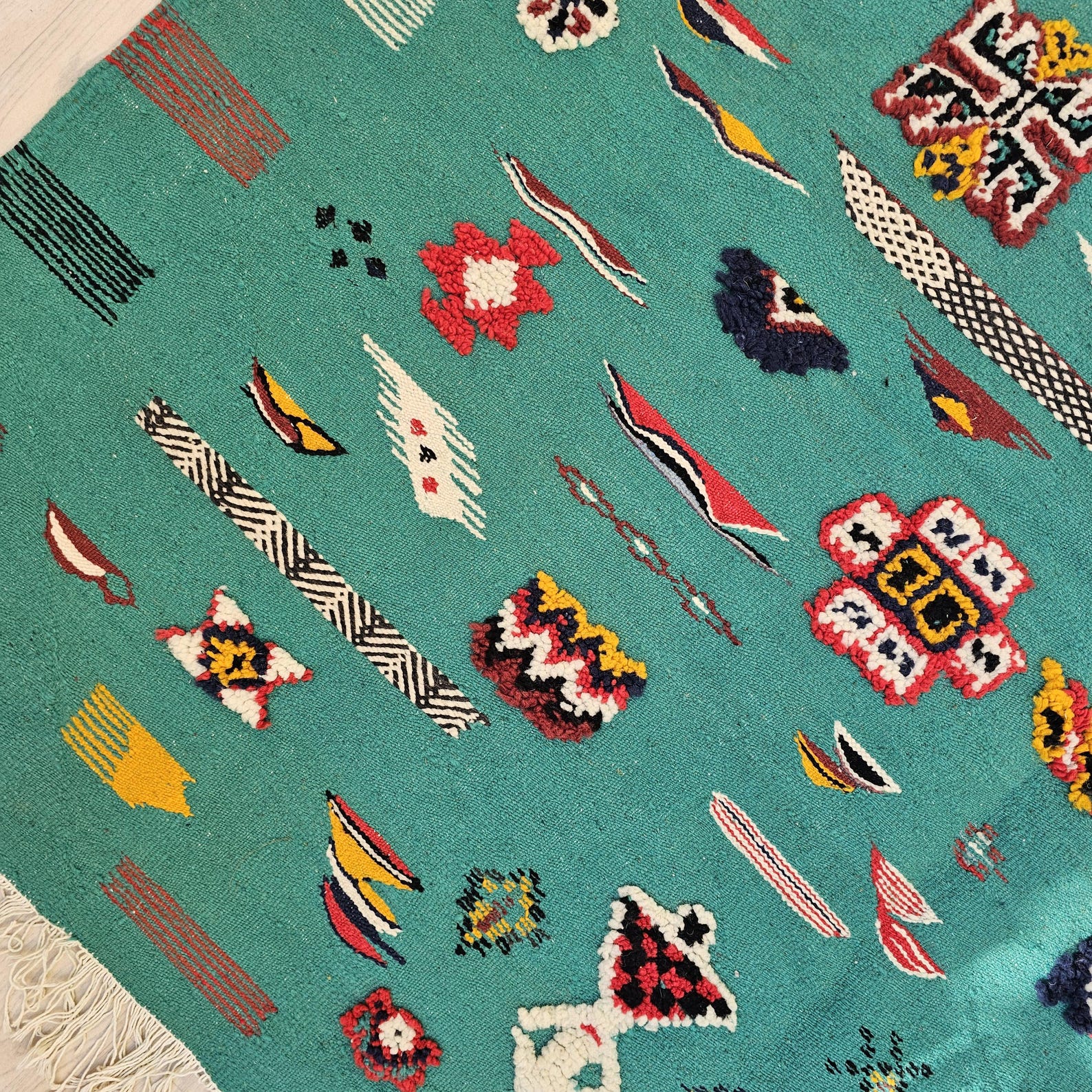 Amazigh Berber Colorful Teal Wool Rug with Tribal Symbols