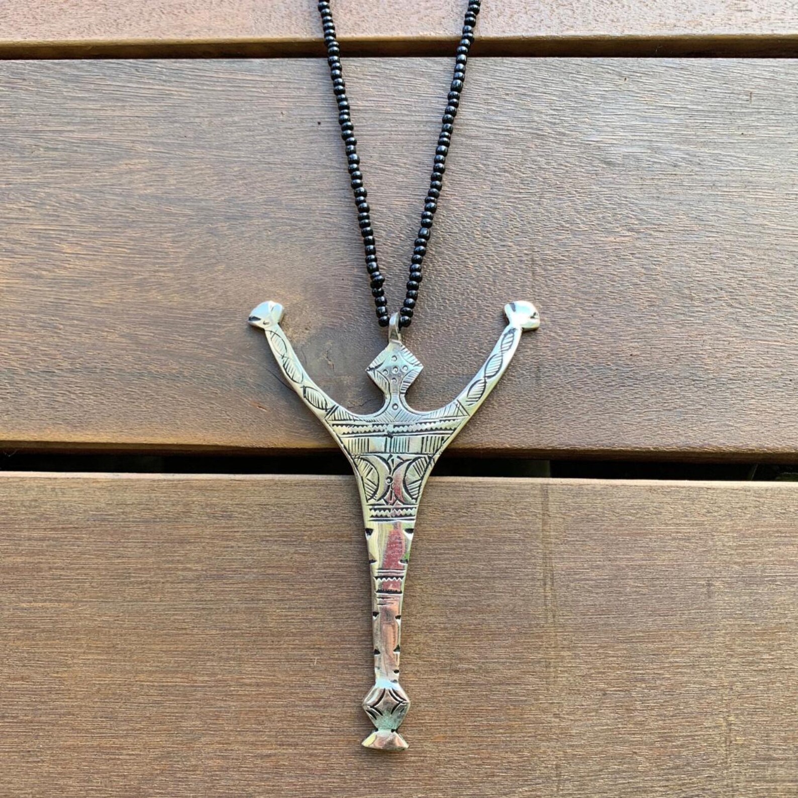 Berber Amazigh Handmade Tuareg Cross Necklace with Black Bead Chain