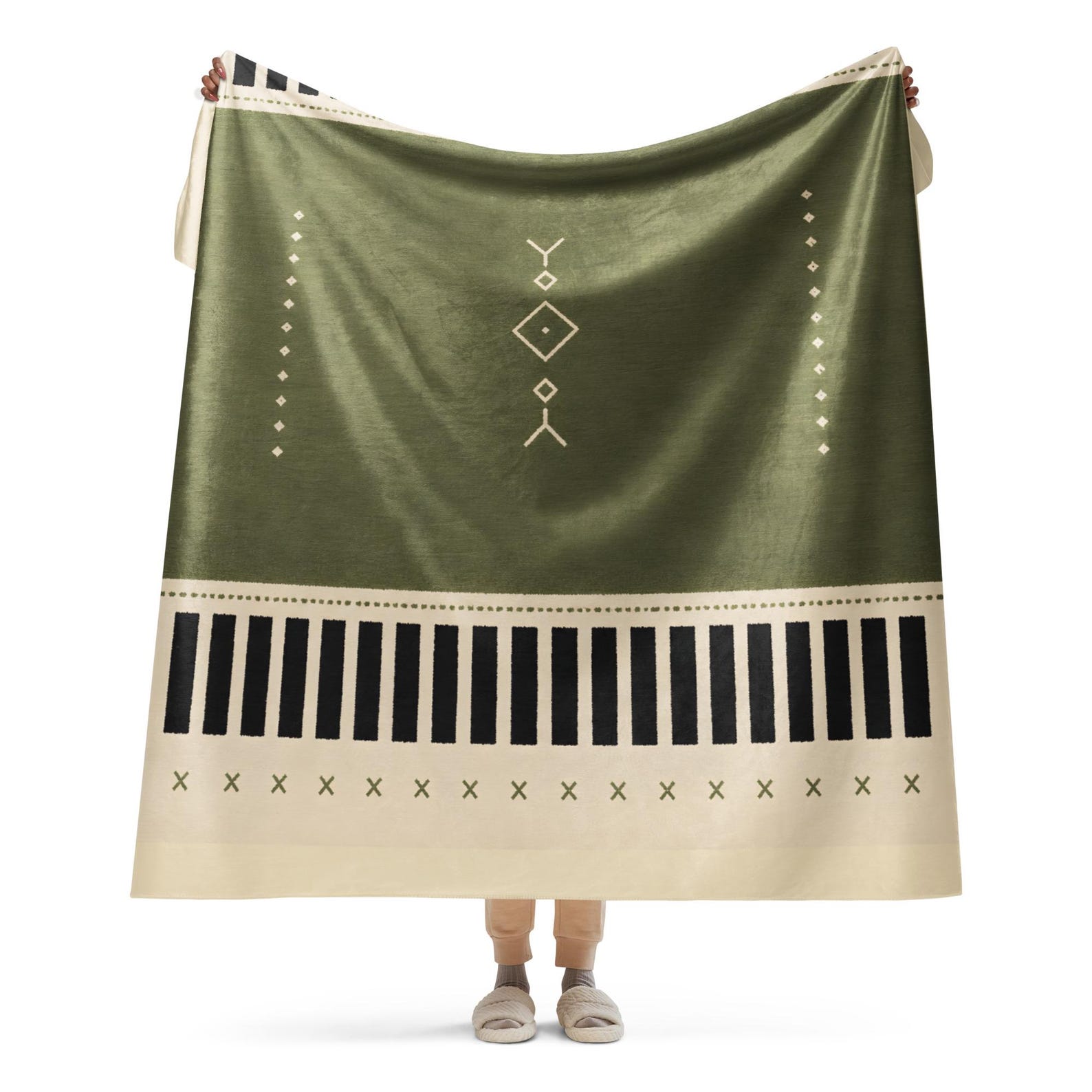 Amazigh Berber Sherpa Blanket Olive Green North African Modern Geometric Throw