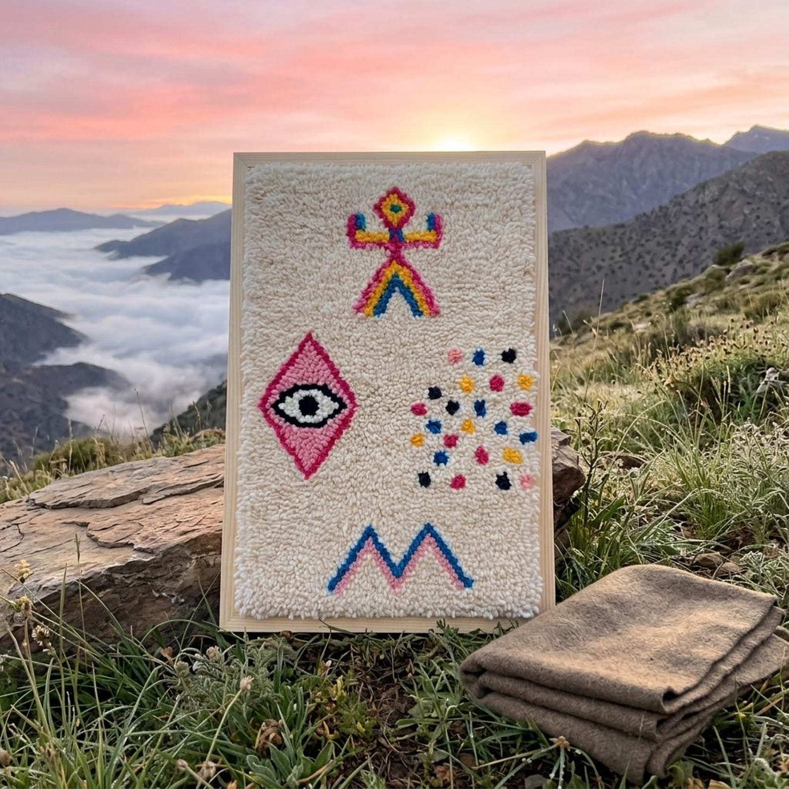 Berber Amazigh Knotted Wool Tapestry Protective Eye Symbol Wall Art