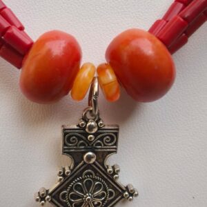 Berber Amazigh Souss Necklace with Synthetic Amber Beads and Plated Pendant