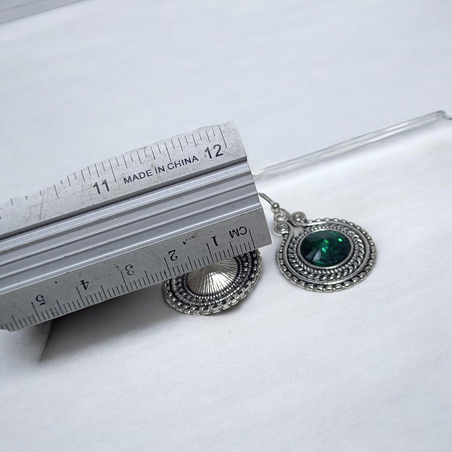 Amazigh Traditional Silver Plated Earrings with Green Stone