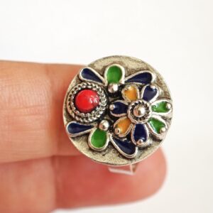 Amazigh Berber Kabyle Adjustable Silver Enamel Ring with Flower Motif