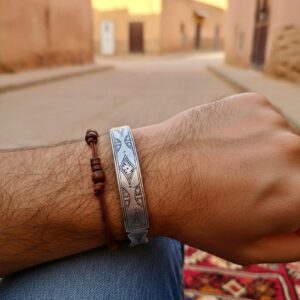Berber Amazigh Engraved Silver-Toned Cuff Bracelet Minimal Unisex Style