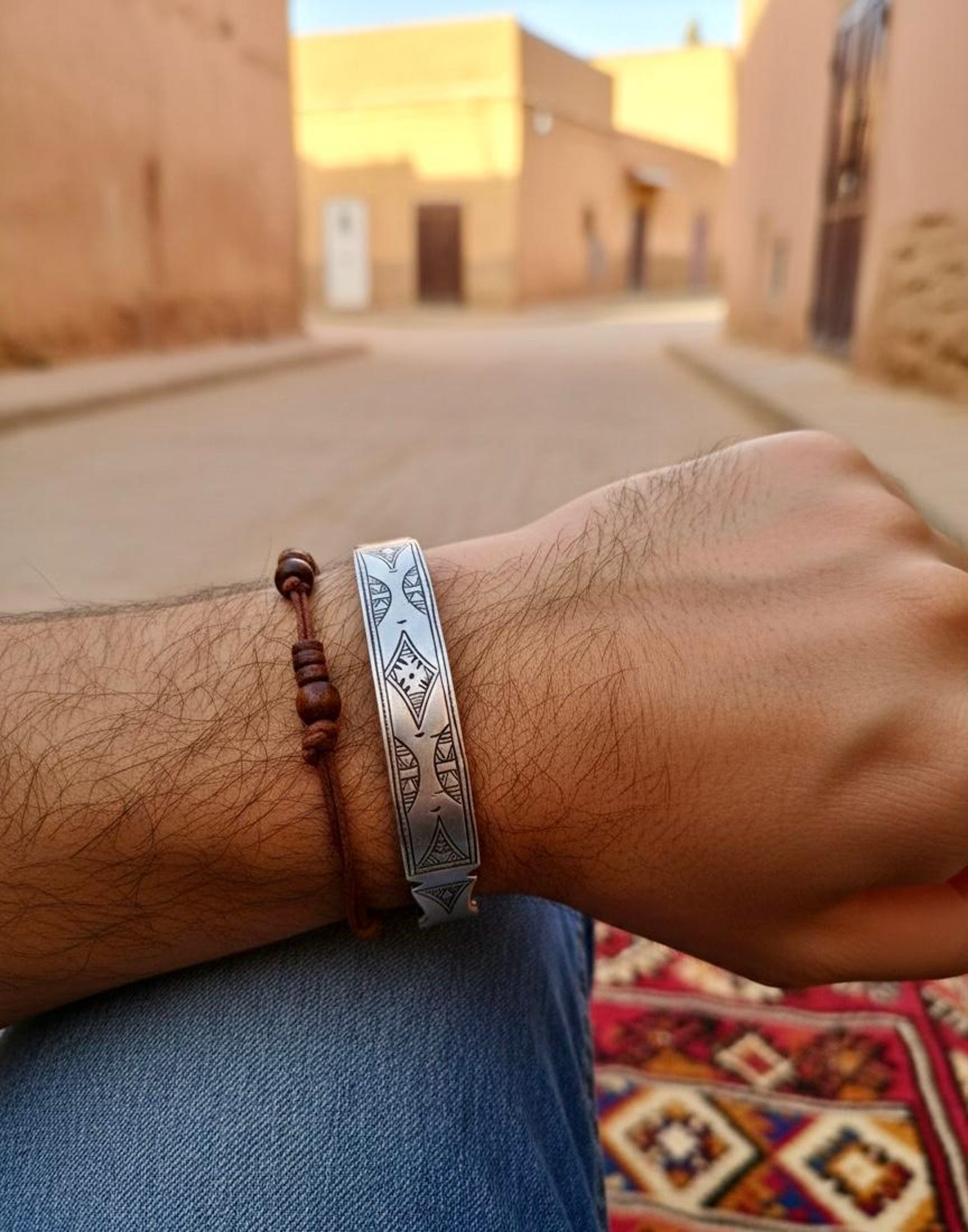 Berber Amazigh Engraved Silver-Toned Cuff Bracelet Minimal Unisex Style