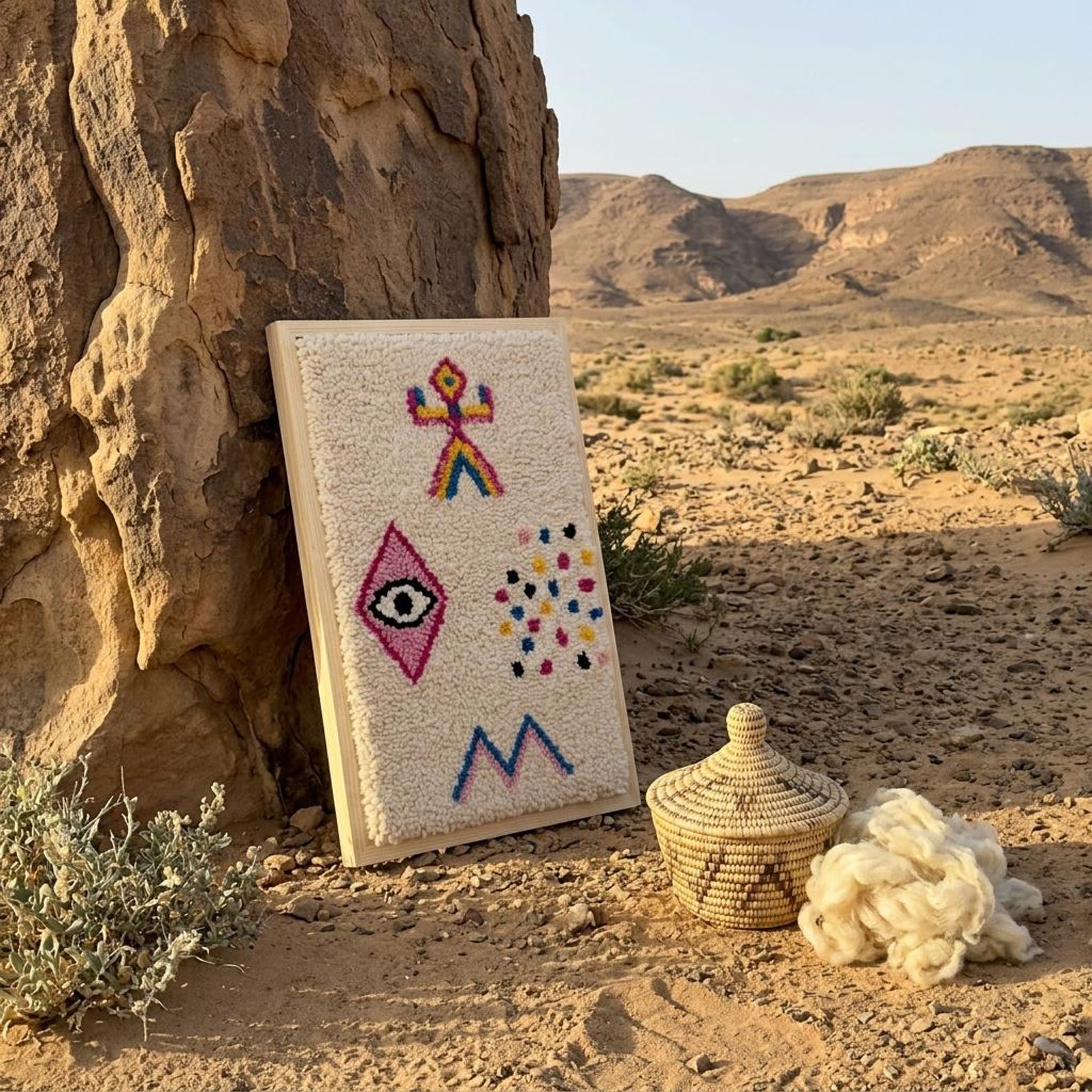 Berber Amazigh Knotted Wool Tapestry Protective Eye Symbol Wall Art