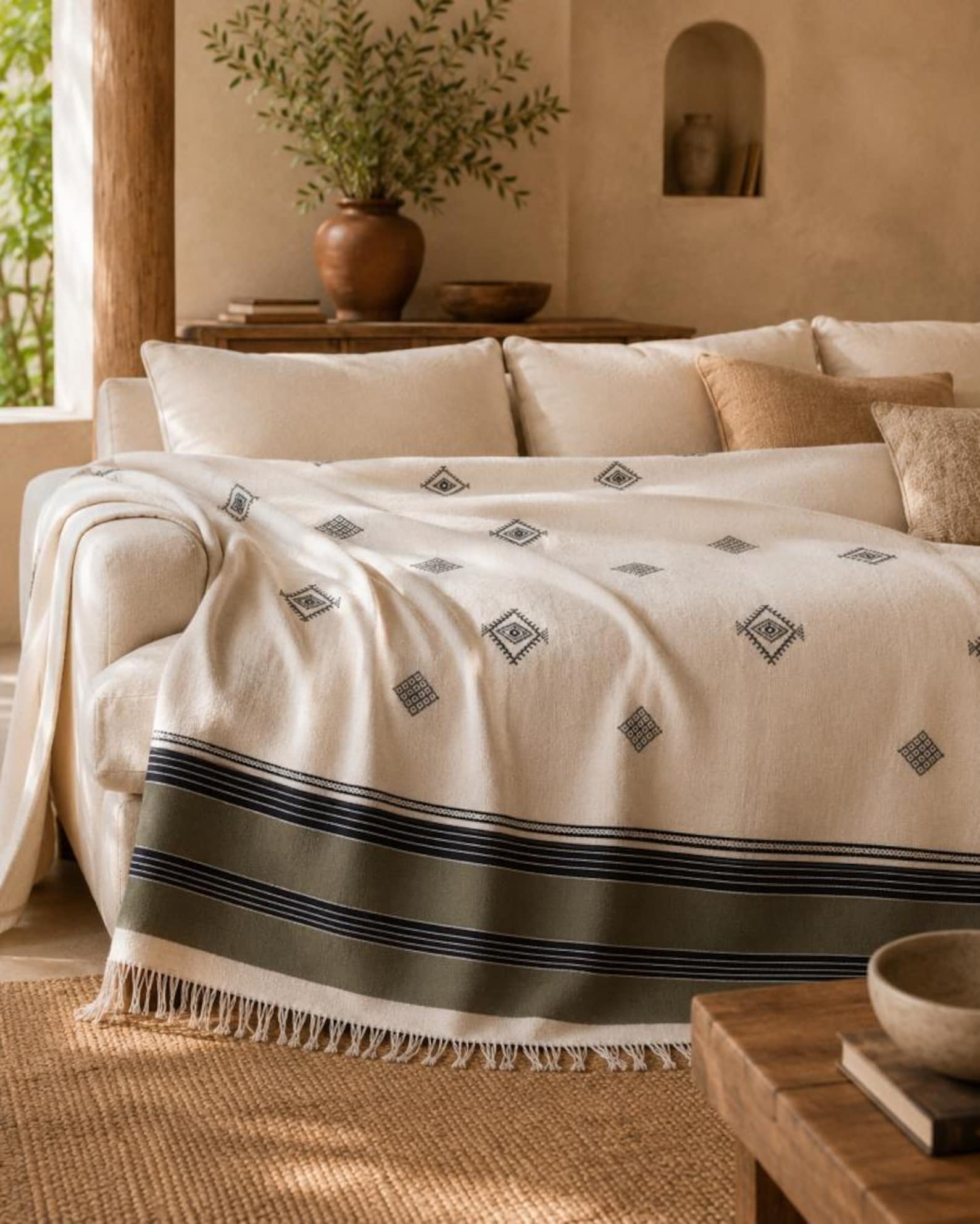 Amazigh Handwoven Cotton Blanket with Olive Border Bedspread Cover