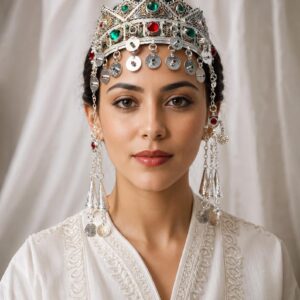 Amazigh Berber Bridal Headband with Silver Green Red Stones