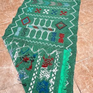 Amazigh Berber Green Handwoven Runner Rug with Geometric Patterns